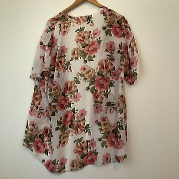 WINDSOR Cream Ivory Pink Floral Sheer Short Sleeve Oversized Kimono Cardigan Top - Picture 10 of 10